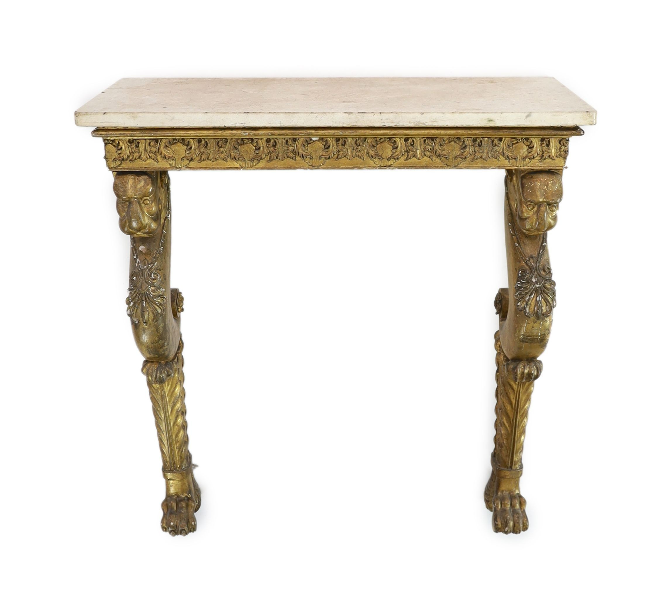 An early 19th century giltwood console table, in the manner of George Bullock, W.87cm D.37cm H.86cm